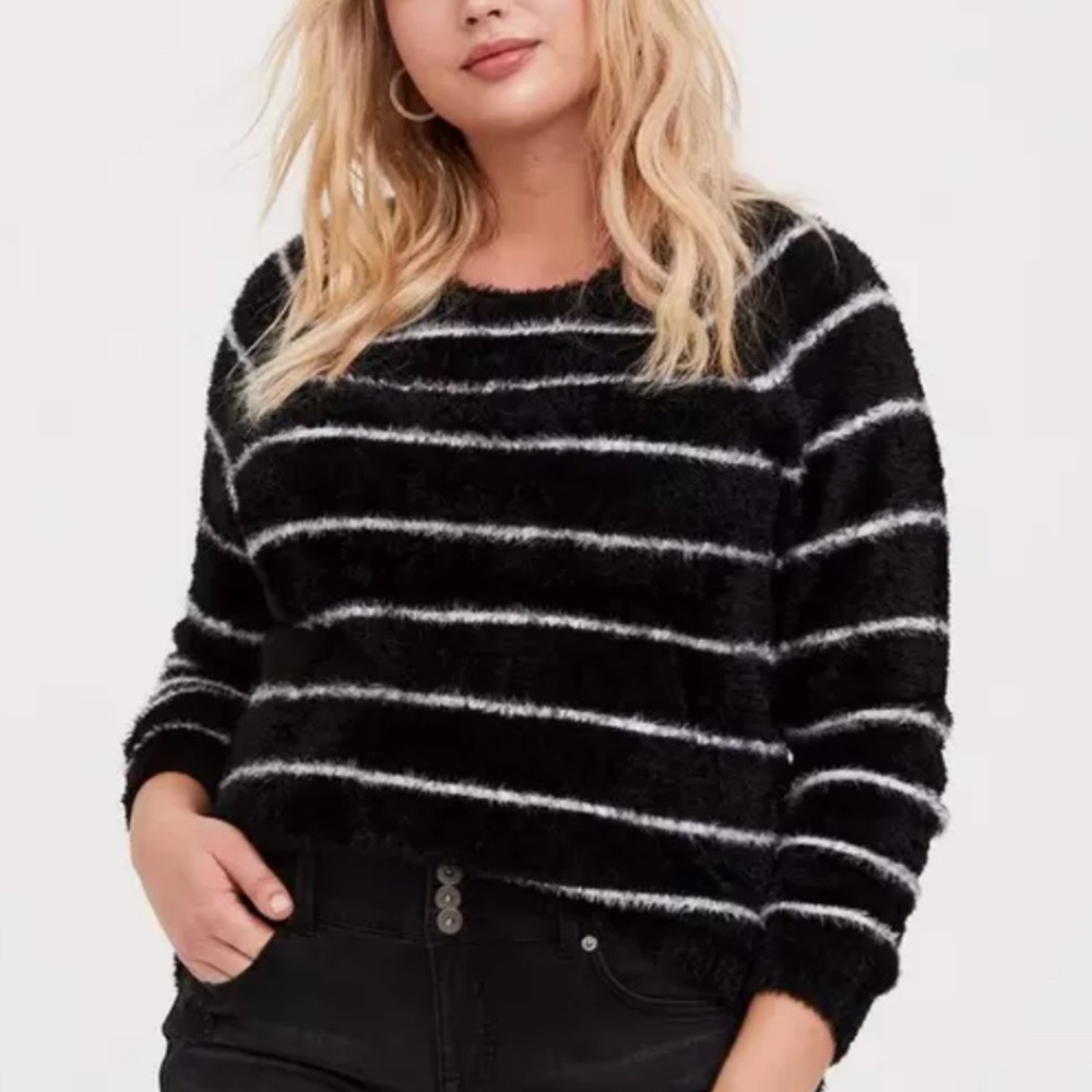 Torrid Black & White Striped Fuzzy Pullover Sweater